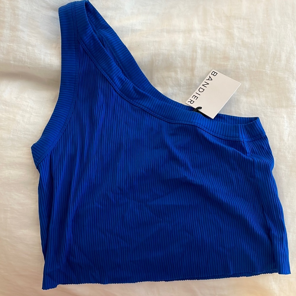 WSLY blue ribbed one shoulder crop top